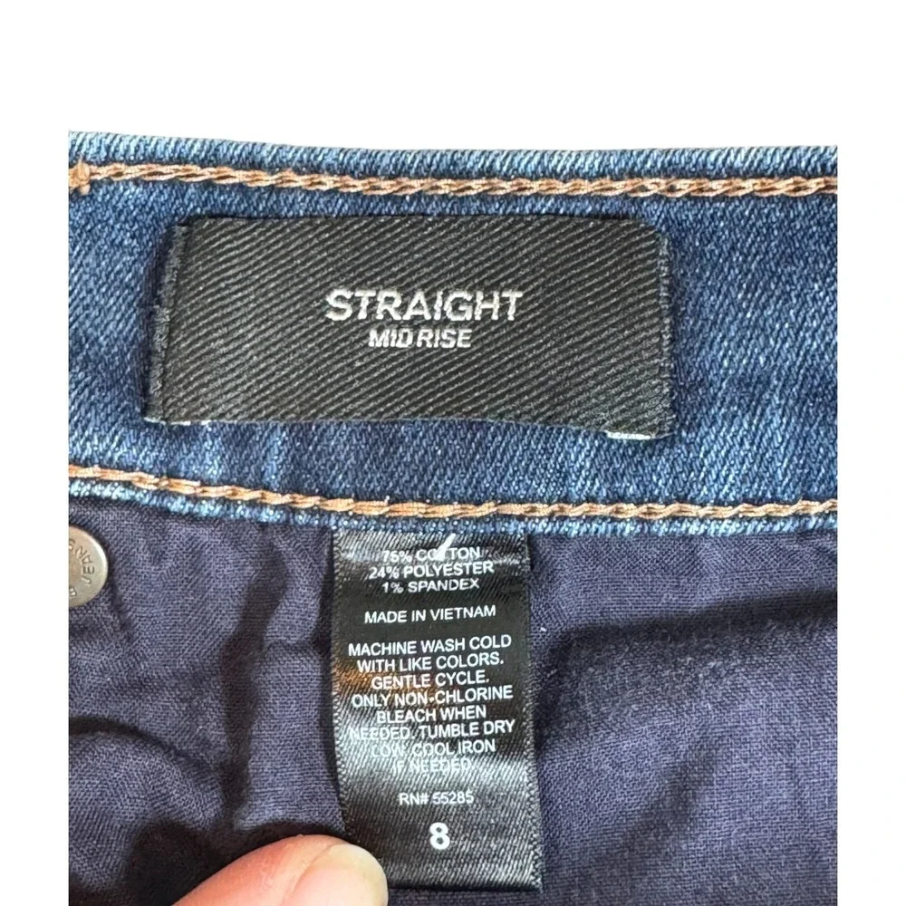EXPRESS WOMAN'S DARK WASH 30x27‎ STRAIGHT CUT MID-RISE Distressed DENIM JEANS